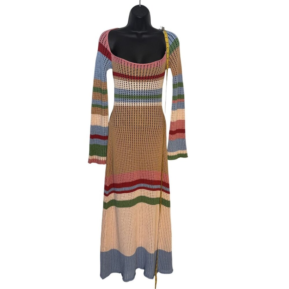 Vintage-Inspired VRG GRL Multicolor Crochet Knit Maxi Dress Long Sleeves Size 8 - Picture 7 of 15